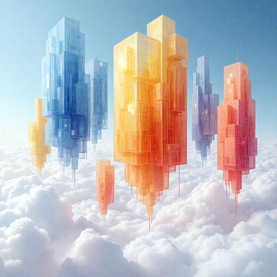 The primary subject of the image is a series of tall, colorful buildings, which are depicted as digital art or illustrations. The buildings are situated in a cloudy sky, creating a sense of depth and dimension. The visual style of the image is a mix of photo and digital art, giving it a unique and artistic appearance. The dominant colors in the image are blue, yellow, and orange, which contribute to the overall atmosphere of the scene.